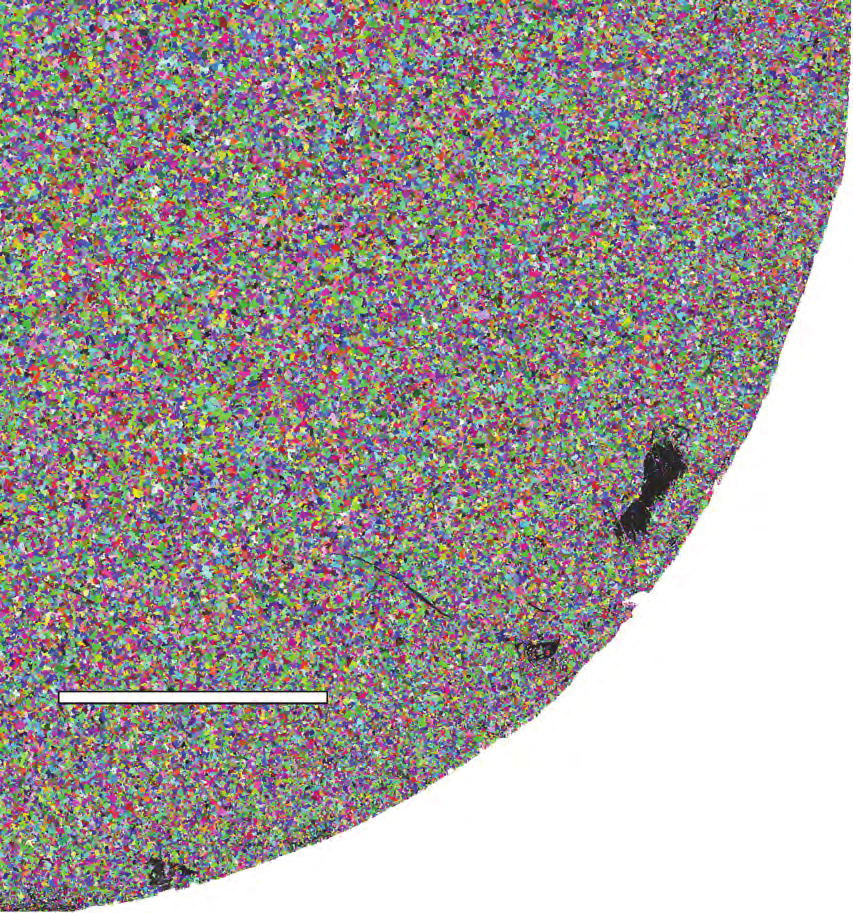 Cover grain map of steel wire rod quarter circle showing randomly coloured grains across the cross-section