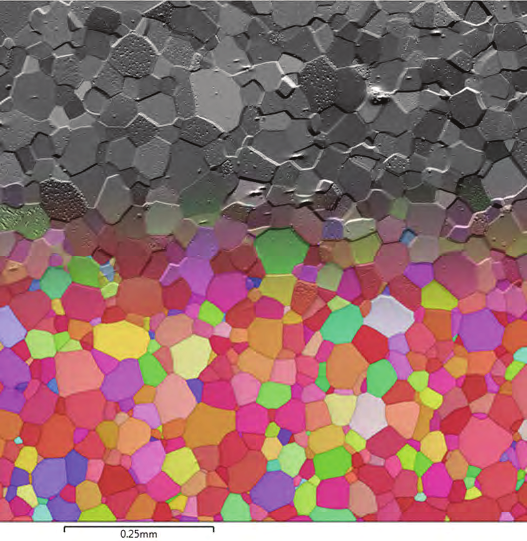 Forescatter detector image of titanium specimen merging into colour IPF map