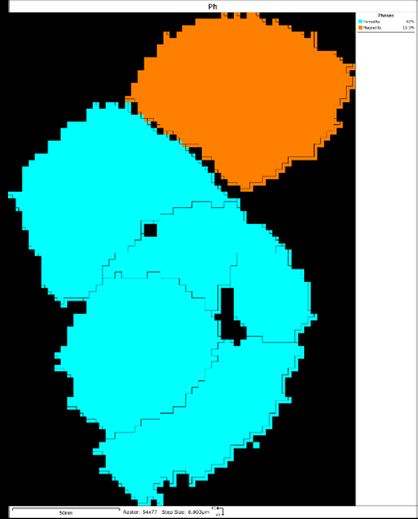 TKD phase maps: (a) anatase (red) and rutile (blue) polymorphs of TiO₂; (b) hematite (turquoise) and magnetite (orange) nanoparticles on a carbon film substrate