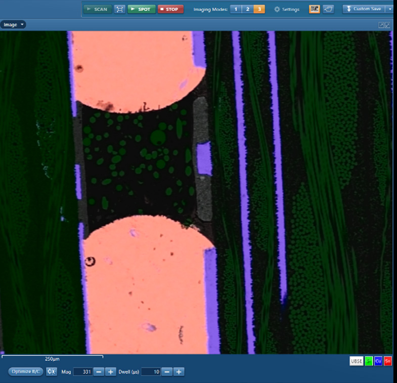 Figure 1. Single Field BEX view of PCB Cross Section - Layered Image (top) and individual element maps (bottom).