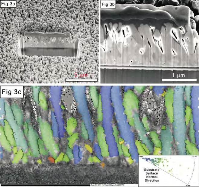 Figure 3a and 3b: Secondary electron images of ZnO surface showing FIB cut and crystal growth structure